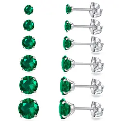 1/6 Pairs Unisex Fashion Hypoallergenic Stainless Steel 3-8mm Green Cubic Zirconia Stud Earrings Set for Men Women Daily Wear