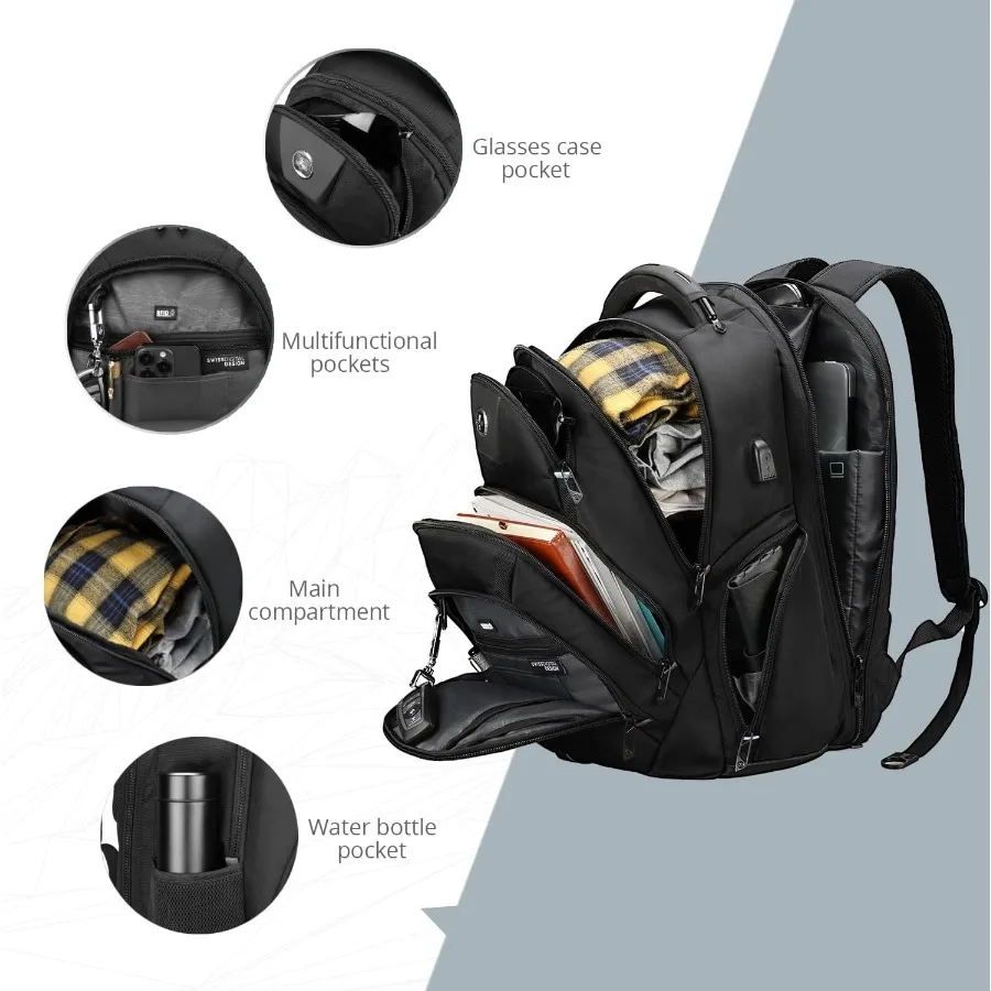 حقيبة ظهر للكمبيوتر المحمول للسفر للرجال من Swissdigital Design ذات سعة كبيرة وصديقة لـ TSA وشحن USB وحماية RFID للكلية #5