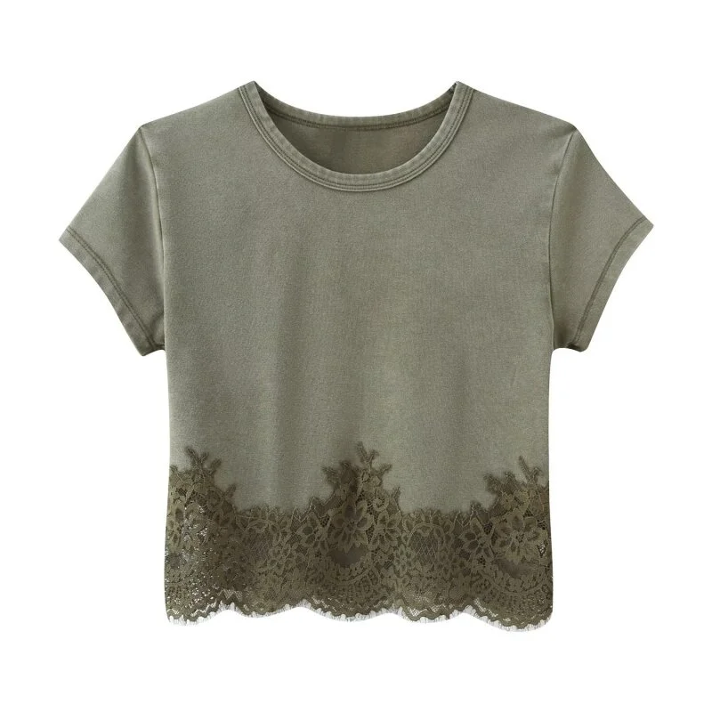 2026 New Arrival Sage Green Lace Trim 2 Piece Outfit Women Round Neck Short Sleeve Crop Top & Casual Shorts Summer Vacation