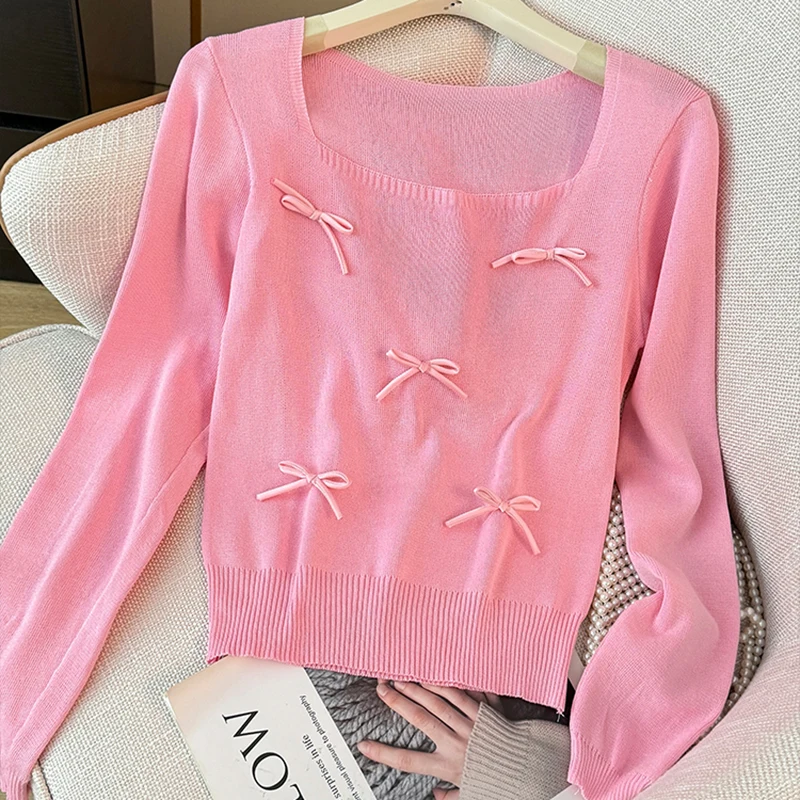 

Sweet Bowknot Long Sleeve Knitshirts Women Autumn Fashionable Square Collar Pullover Sweater Solid Ladies Bottoming Knitted Tops