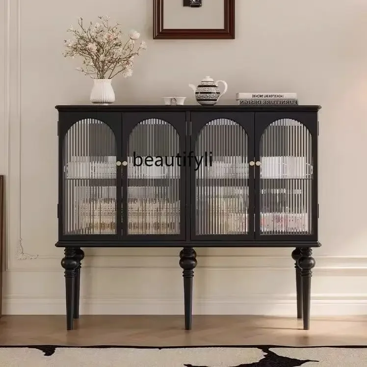

French solid wood living room dining side cabinet retro display cabinet glass door floor storage cabinet