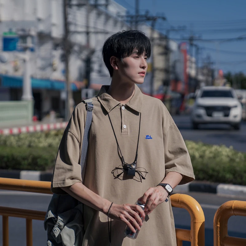 

Japanese Sle y ort Sve irt Men Summer Trendy Vintage Collar T-irt Teenage Haome Loose Top