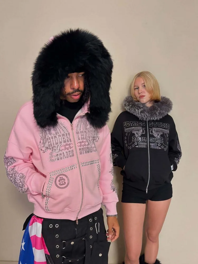 เสื้อฮู้ดซิปอเนกประสงค์ทรงหลวมพร้อมปกผ้าฟลีซ สไตล์อเมริกันเรโทร คาร์ดิแกนลำลอง อุ่นสบาย สตรีทแวร์สำหรับผู้หญิง