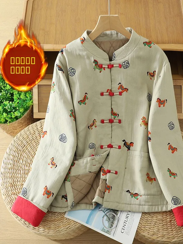 

Женское джинто из хлопка с принтом в стиле ретро, зимнее длинное пальто-све, воротник-стойка, застежка на пуговицы, традиционное пальто с цветочным узором...