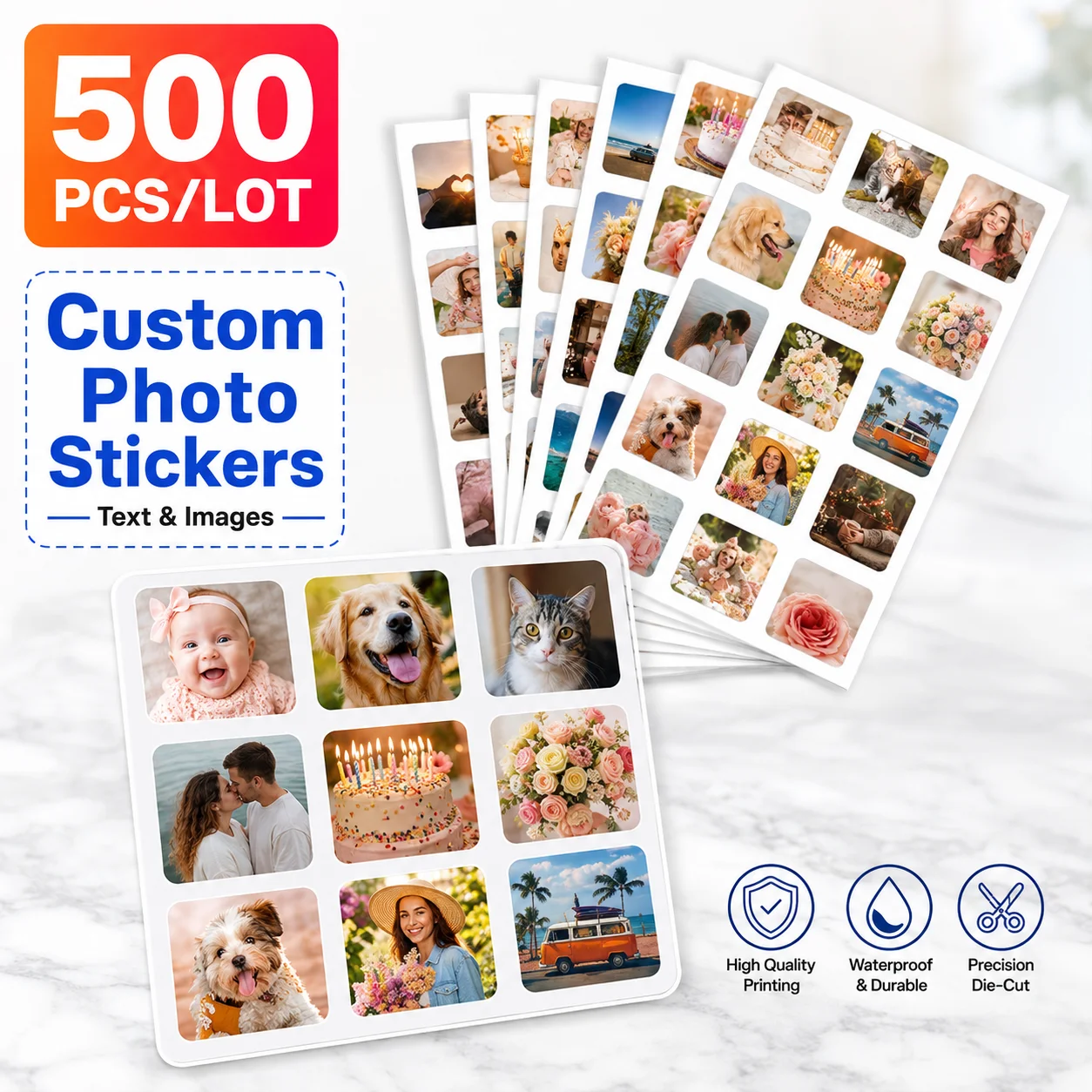 500Pcs Custom Photo Stickers, Multi-Size Personalized Picture Labels for Gifts, Packaging, Planners & Scrapbooks