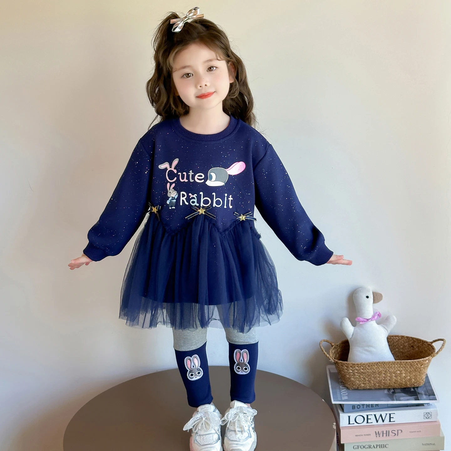 

Autumn Sweet Baby Girls' Sets Disney Cute Cartoon Rabbit Long Sleeve Mesh Splicing Princess Dress+Leggings Kids Clothing Suit