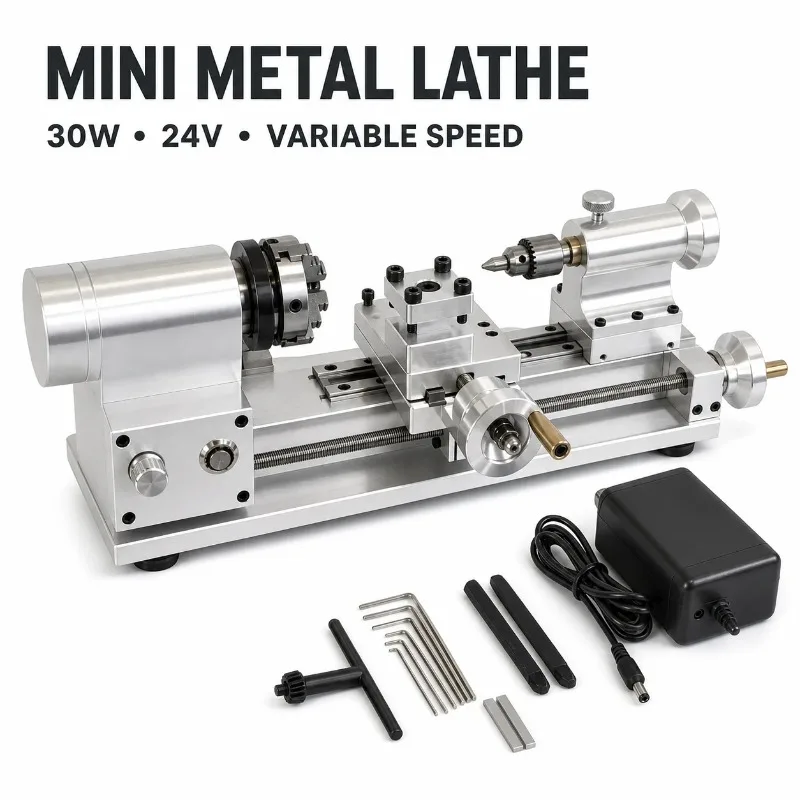 24V 30W Mini Metal Lathe,Variable‑Speed Benchtop Turning Machine with 3‑Jaw Chuck for DIY Model Making