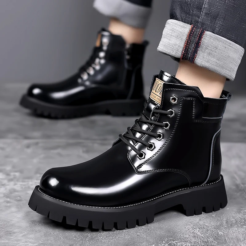 Italian Brand Retro Brown Men's Workwear Boots Trendy High Top Men's Motorcycle Boots British Style Men's Shiny Leather Shoes