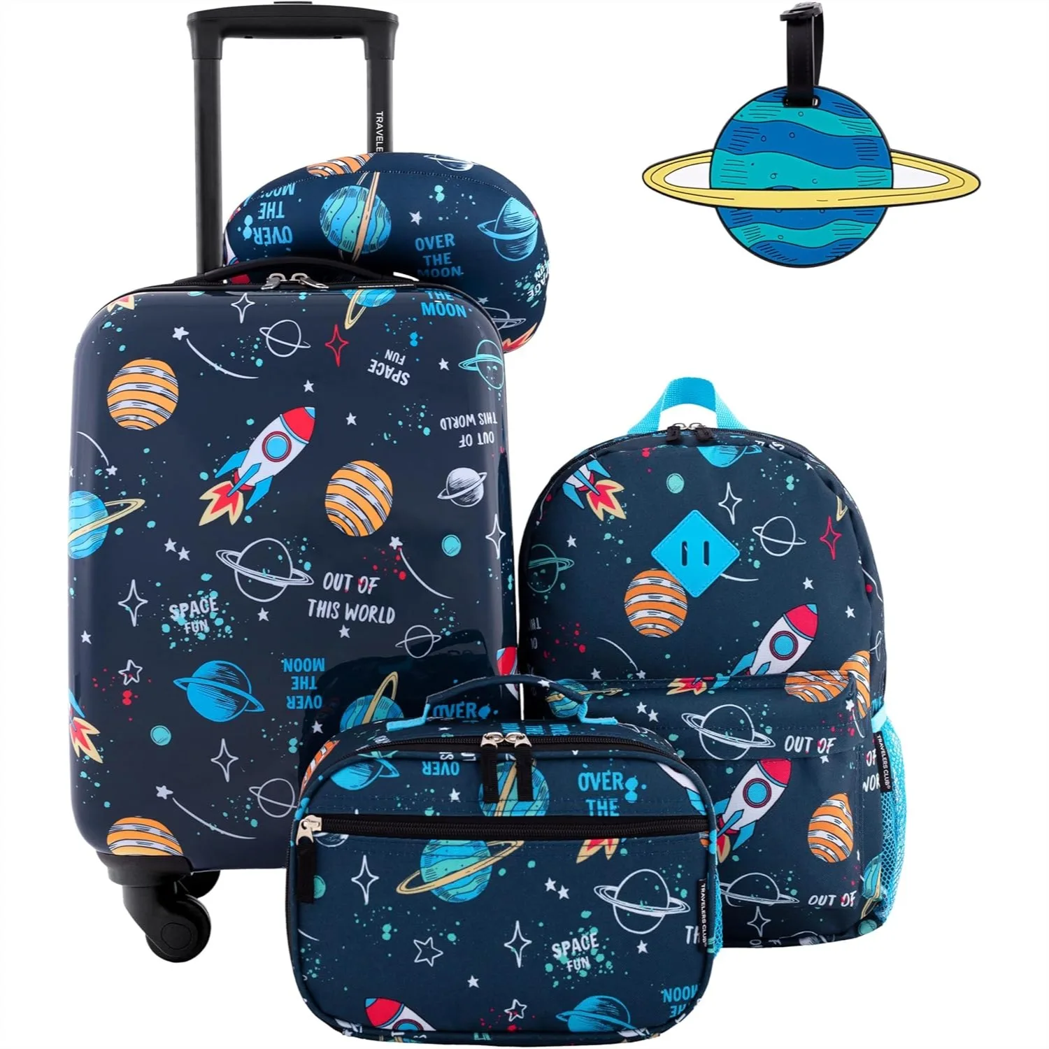 

Kids Luggage Set with 18" Hardside Carry-On, Backpack, Lunch Bag, Neck Pillow & Tag - Durable, Lightweight, Easy to Maneuver for