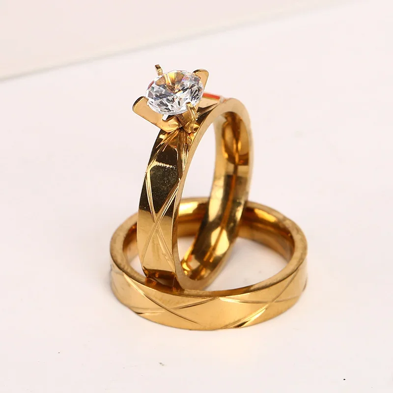 Stainless Steel Gold Color Luxury Female Bridal Wedding Ring Set Fashion Jewelry Promise Stone Engagement Rings For Women