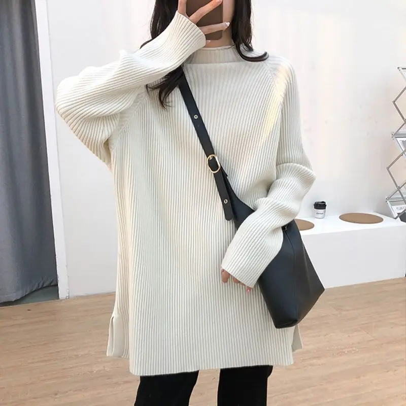 Pullover Female 2023 Mid length Knitted Sweater Women Autumn and Winter New Half High Neck Loose Hip Covering Versatile Sweater