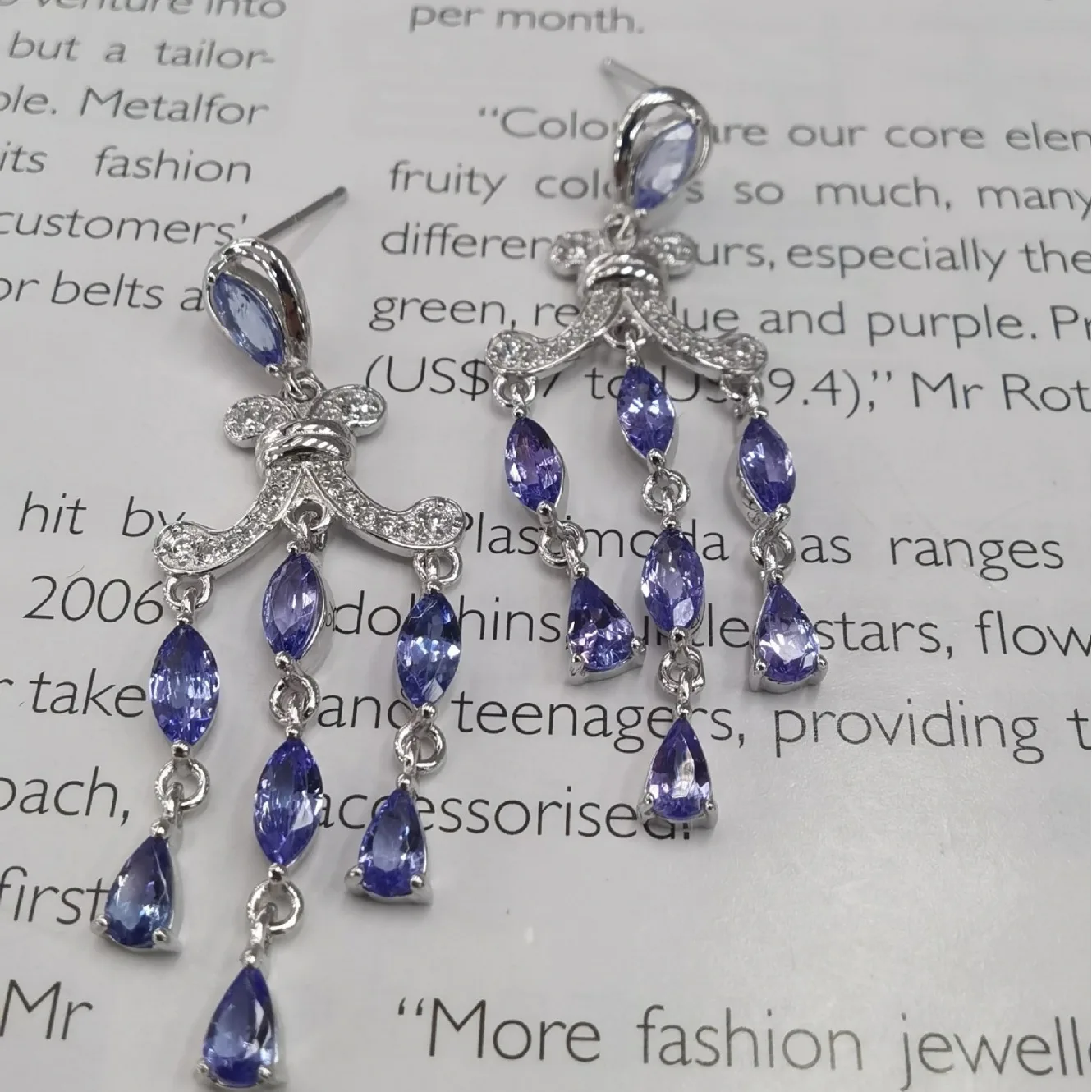Natural Tanzanite Earrings, S925 Sterling Silver White Gold Plated with Fringe Drop, Elegant Gemstone Ear Jewelry for Women Gift