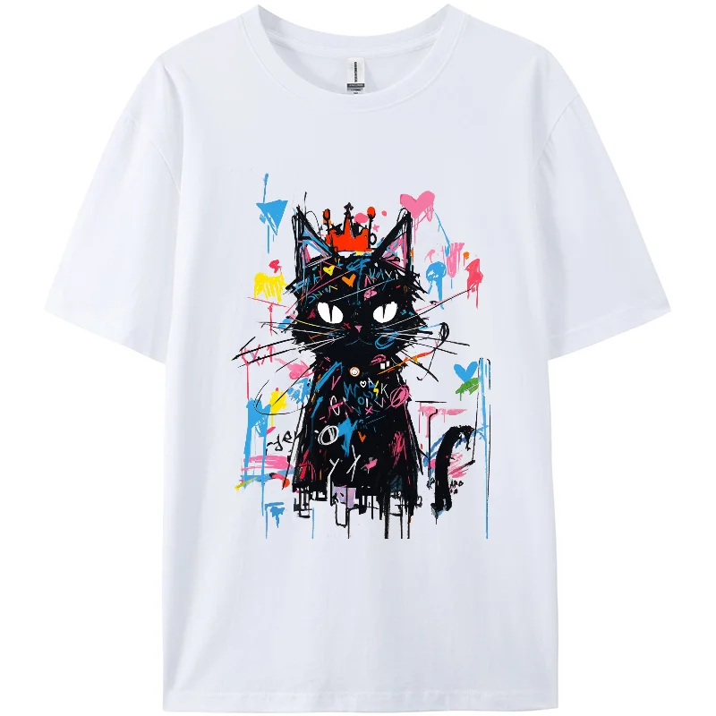 Cool Girl, Casual, Berserk Women Short T-shirts,Black Cat Graphic Print TShirt, Short Sleeve,100% Cotton, Oversided,Y2k T-shirts