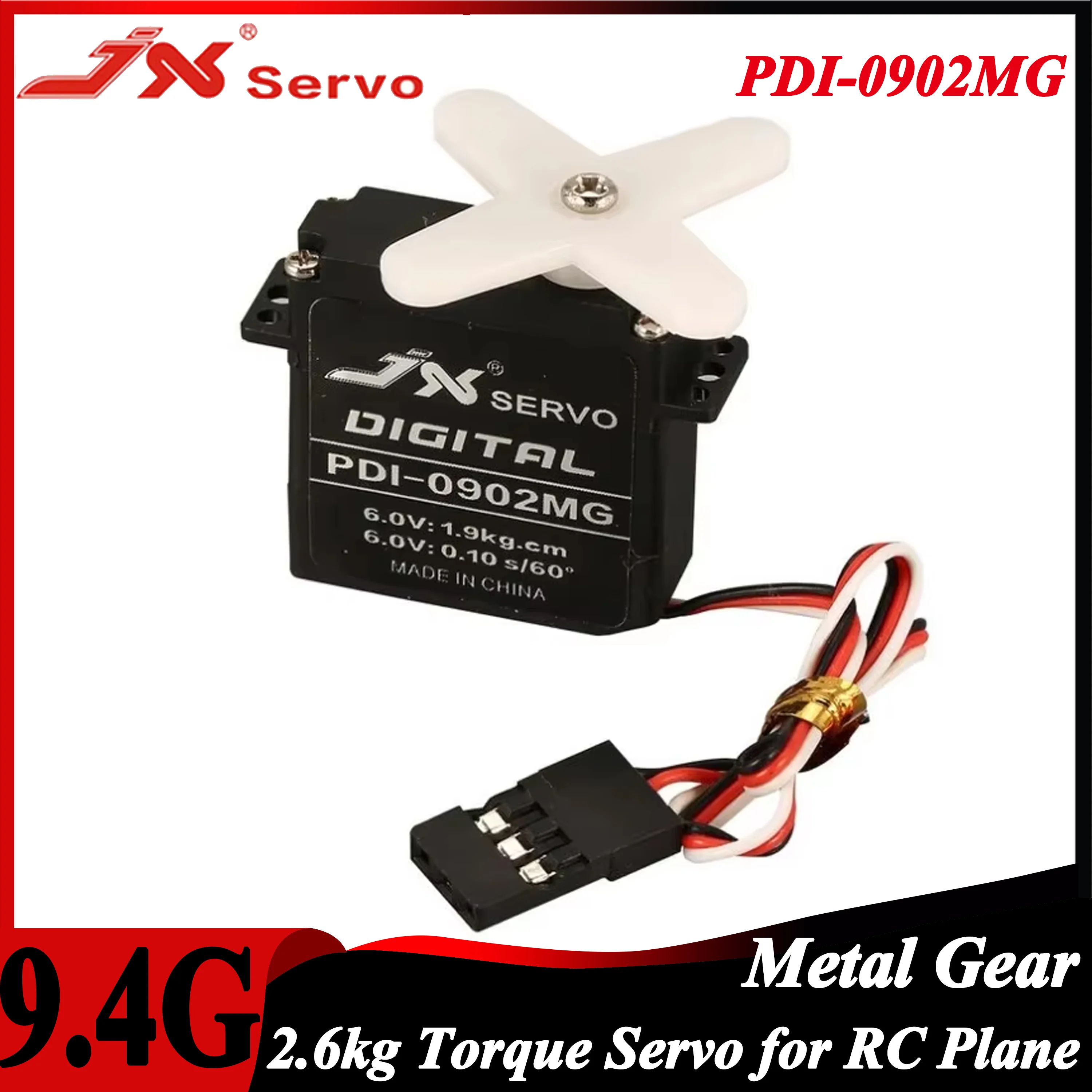 

JX PDI-0902MG 9.4g 2.6kg 4.8V-6V Large Torque Coreless Standard Metal Gear Servo for RC Plane Drone Fixed-wing Helicopter Robot