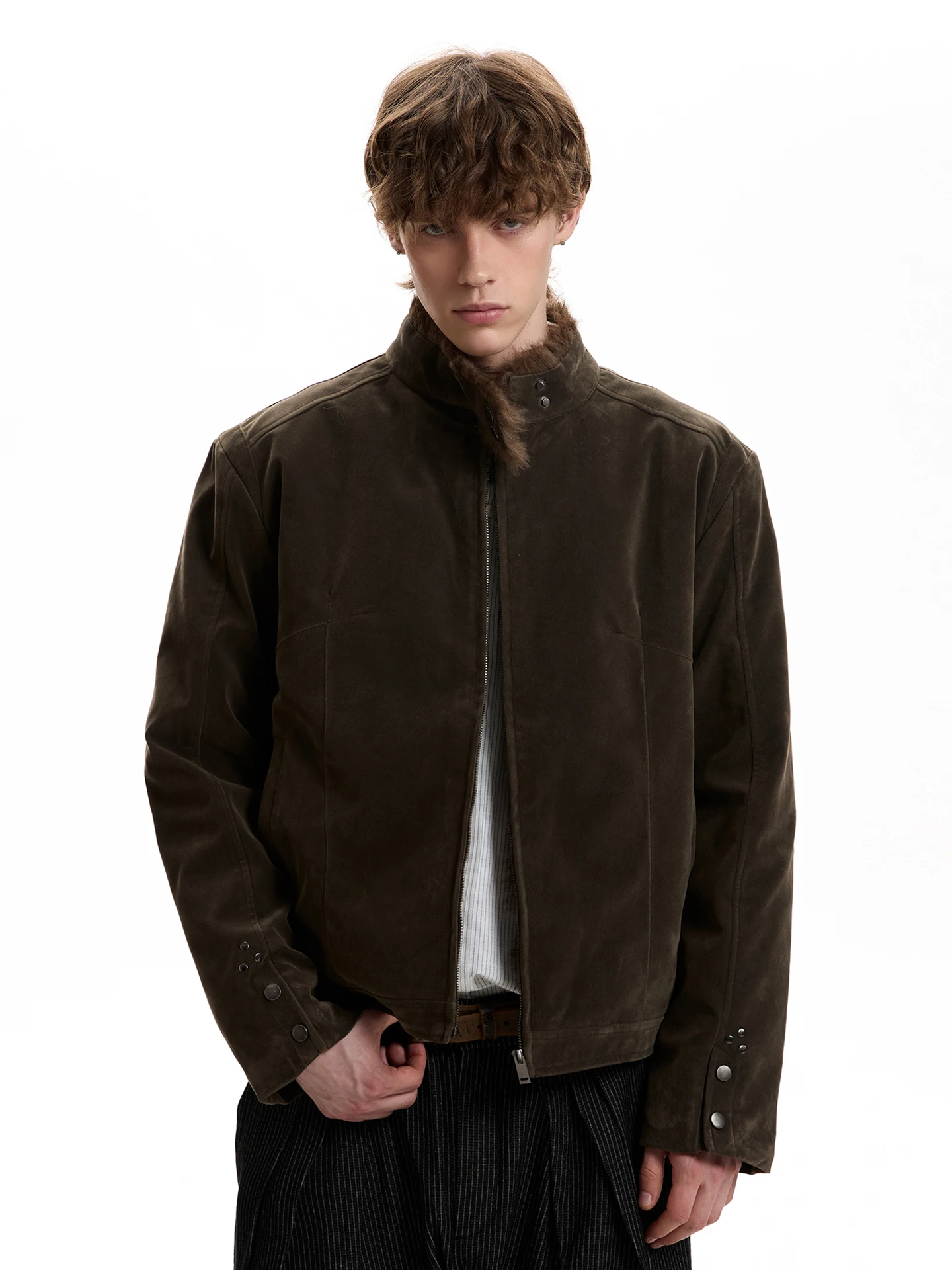 

a PUEE American Retro Suede Stand Collar Harrington Fur Collar Jaet Trendy Modern Street ort Coat Youth Spring Autumn Out...