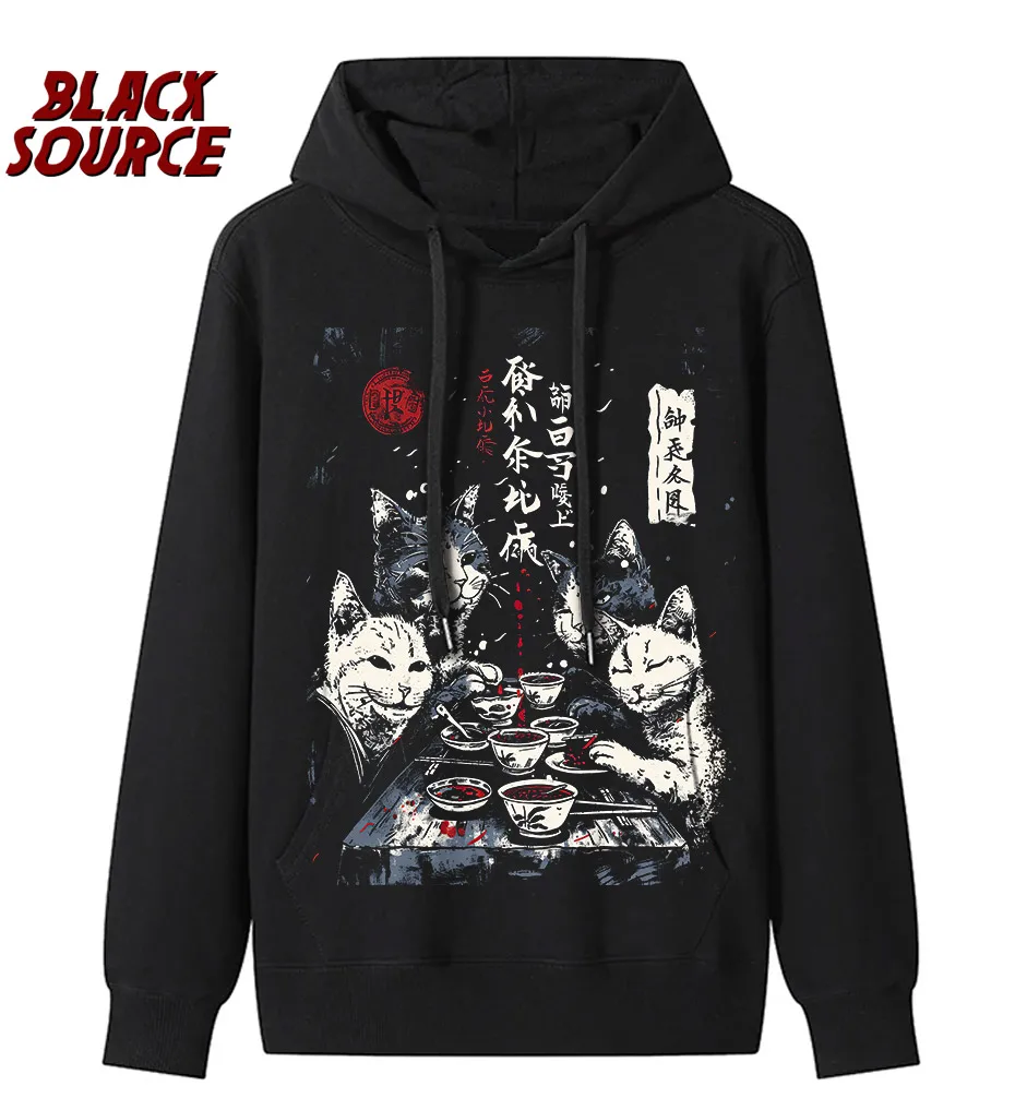 T497 Bai Men's Catman Red Moon Cat Graphic Hoodie, Japanese Streetwear Pullover Sweatshirt, Oversized Casual Urban Fashion