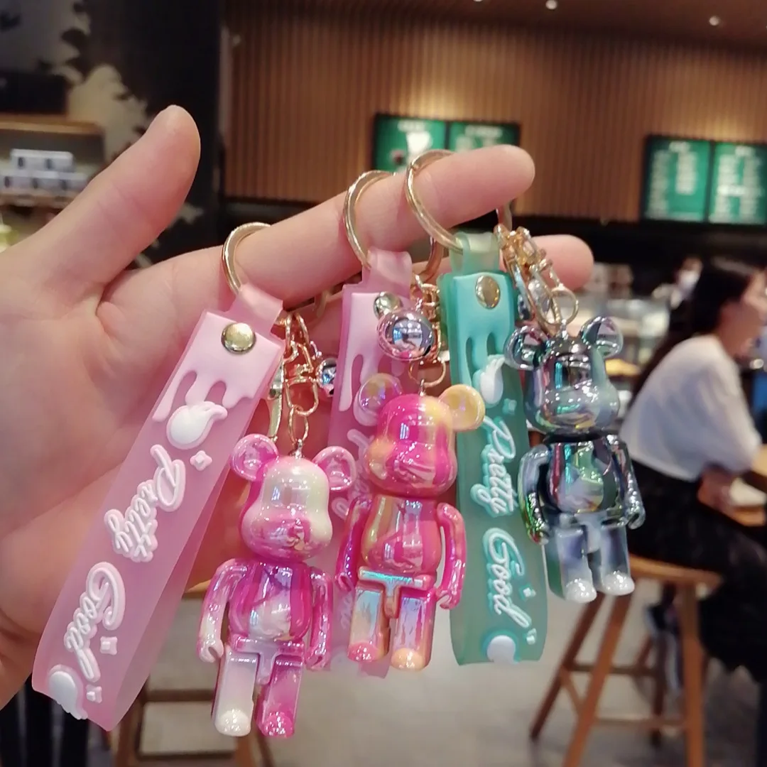 

MINISO Cute Action Doll Building Blocks Bear Model Doll Charm Keychain Couple Backpack Car Key Decoration Children Party Gift