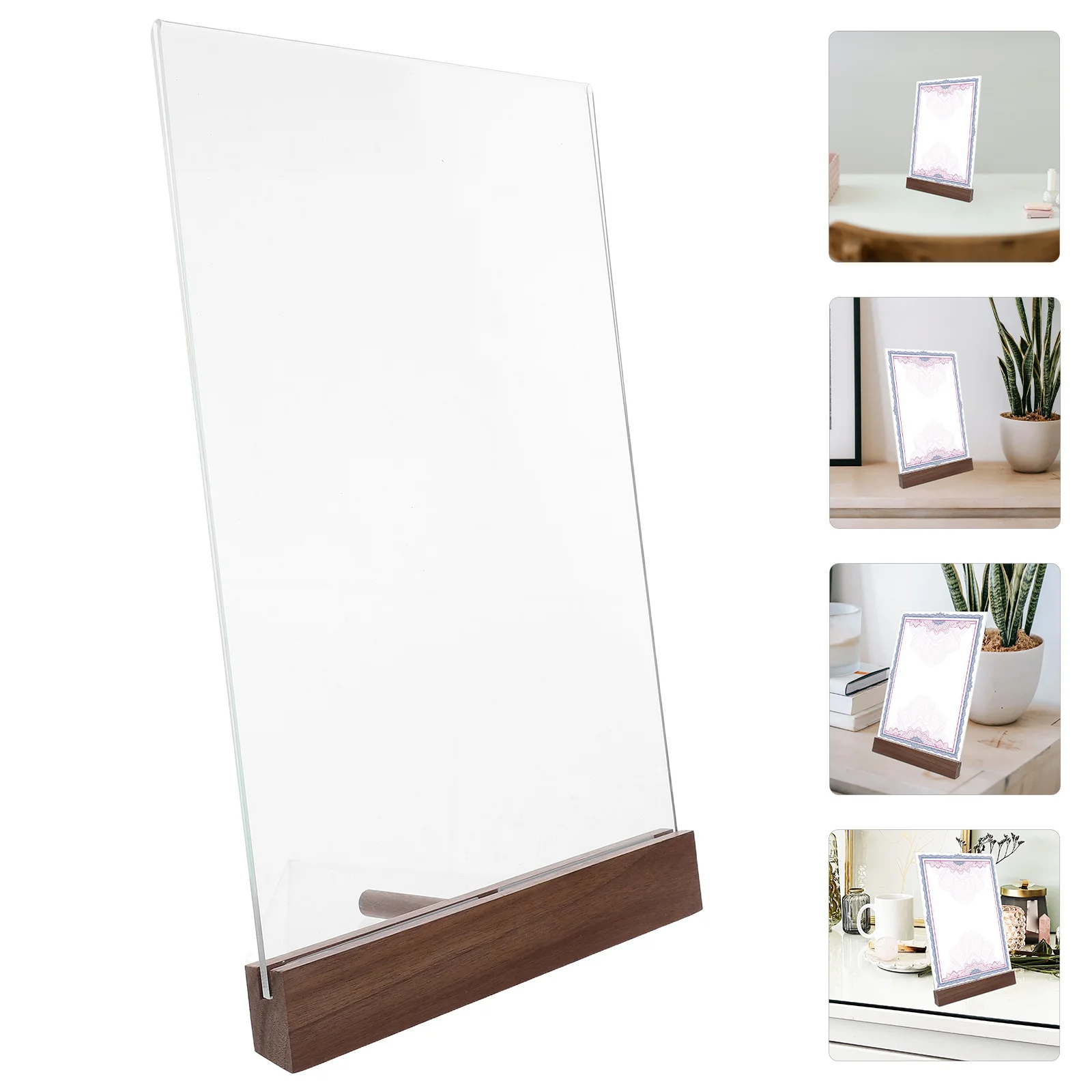 

Clear Double Sided Acrylic Sign Holder Diploma Display Frame Walnut Wood Base Certificate Stand Tabletop Menu Flyer Holder