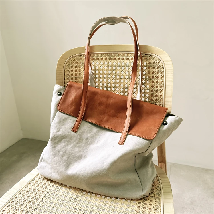 

Vintage Tanned Cowhide Canvas Patchwork Contrasting Color Large Capacity Women's Bag Simple Casual Versatile Shoulder Bag Trendy