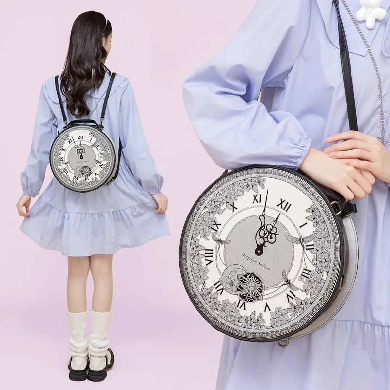 JIAERDI Retro Harajuku Clock Design Handbag Women Chain Lolita Print Round Shoulder Bags Ladies Large Capacity Uniform Backpack