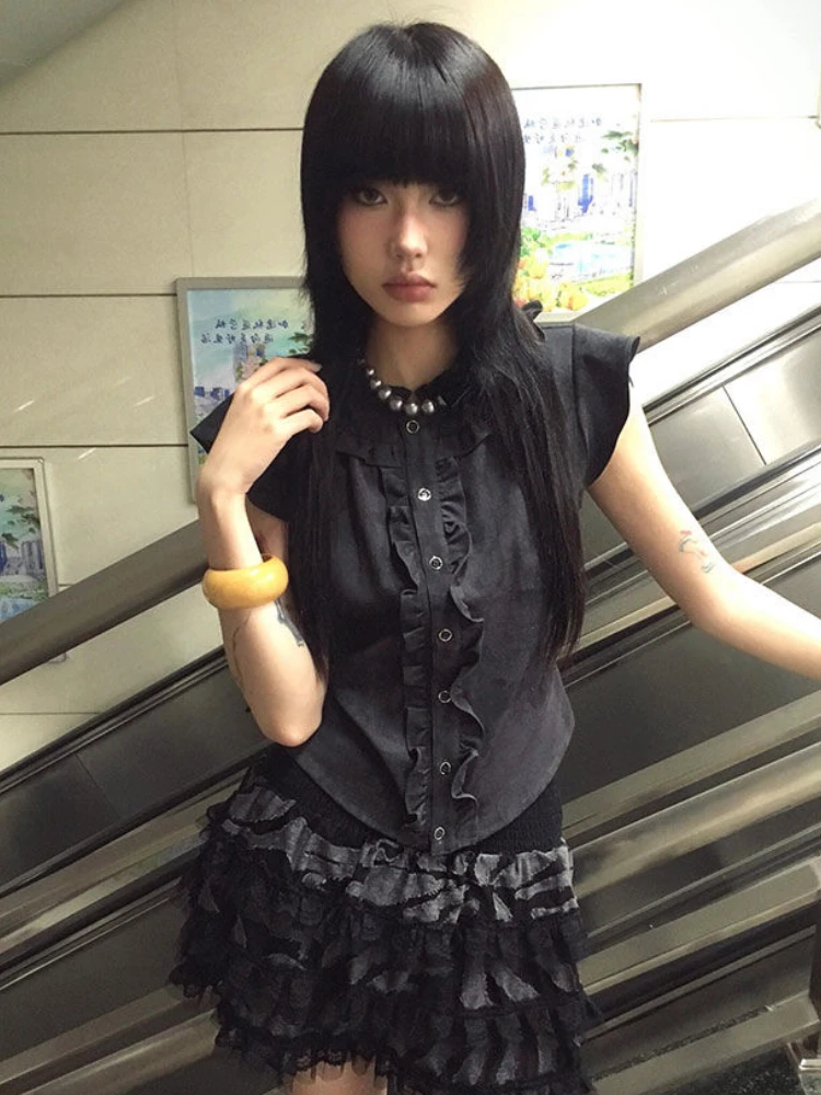 

Y2k Эстетическая женская блузка с летающими рукавами и рюшами, винтажная однобортная тонкая однотонная рубашка в стиле гранж в стиле Харадзюку, укороченная уличная одежда, Blusas