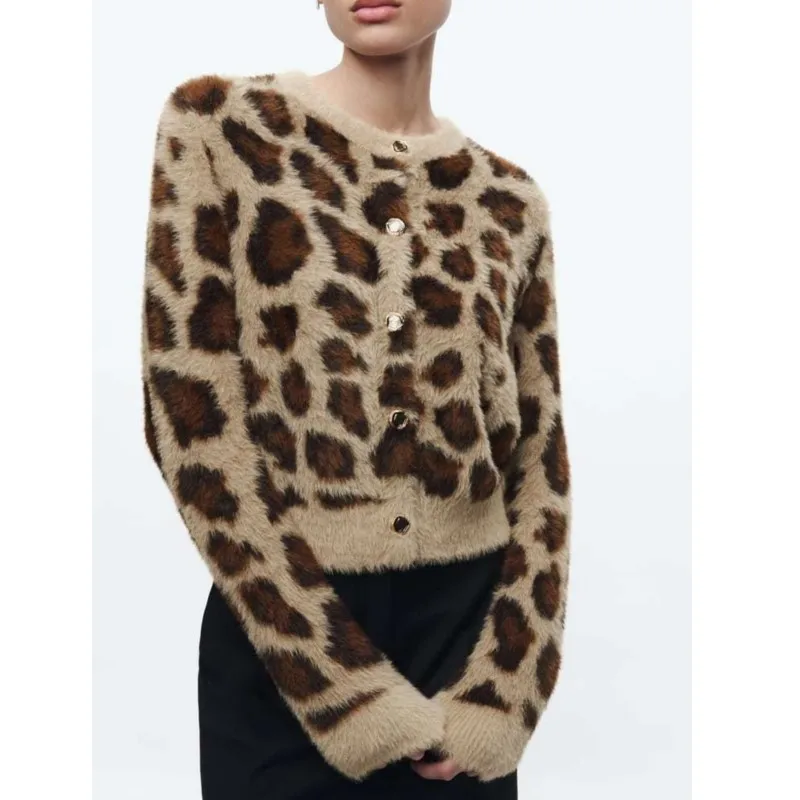 

Women's Fashion Leopard Print Sweater Short Knitted Jacket Women's Chic Long Sleeve Button Up Kimono Jacket Casual Top