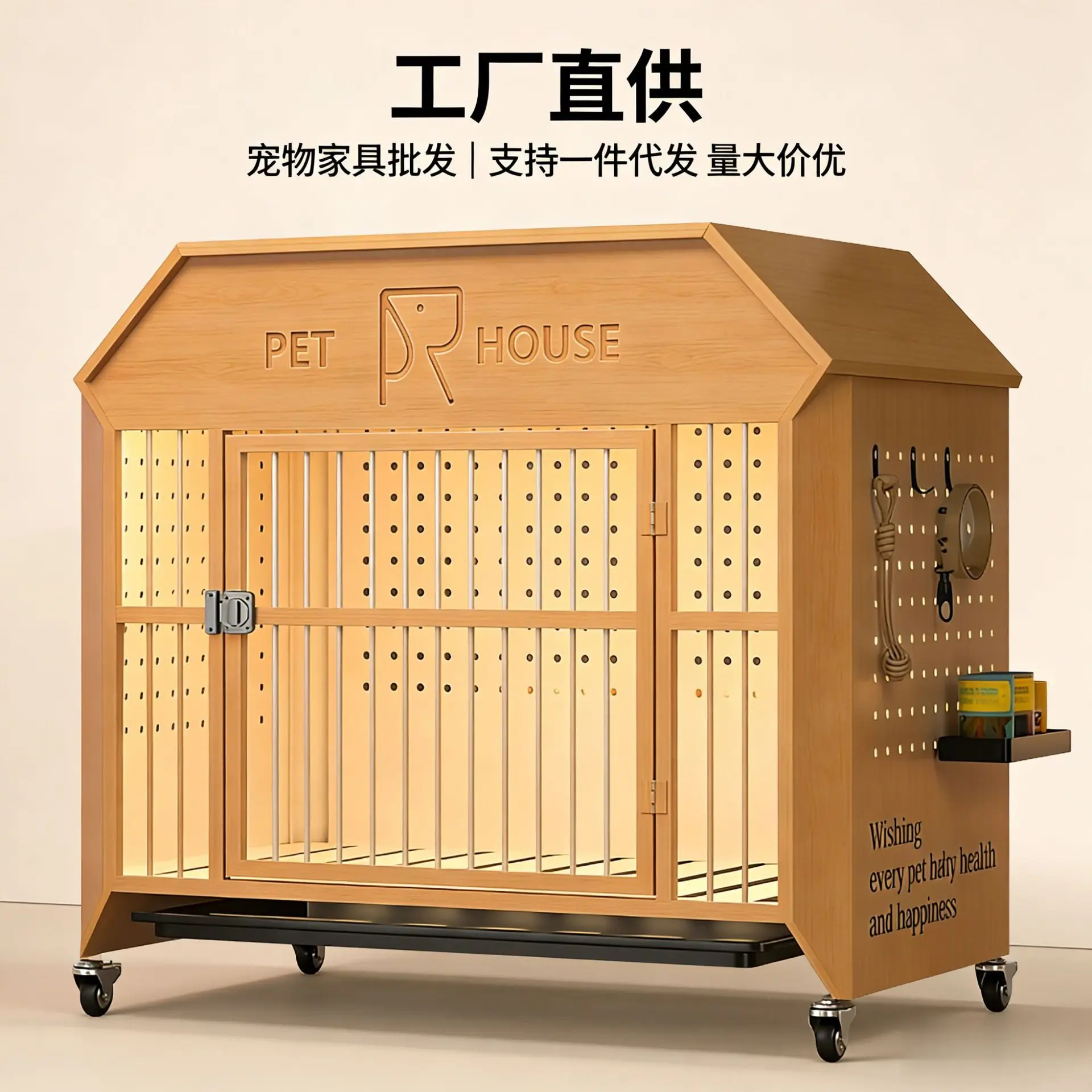 

Wooden house dog cage, with hole board storage, small and medium dog indoor