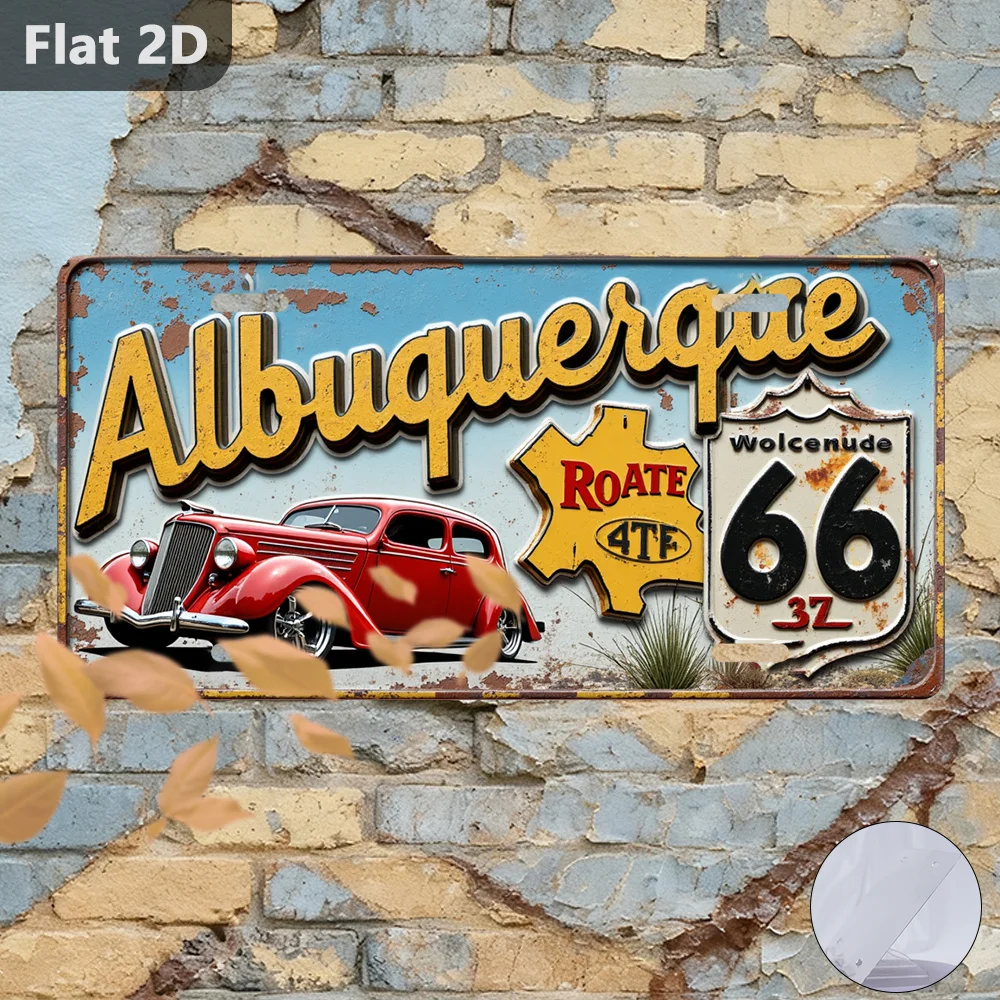 2D Flat, 1pc Outdoor Sign and Wall Decor, Albuquerque Route 66 Vintage Car, License Plate Style, Suitable for Hanging