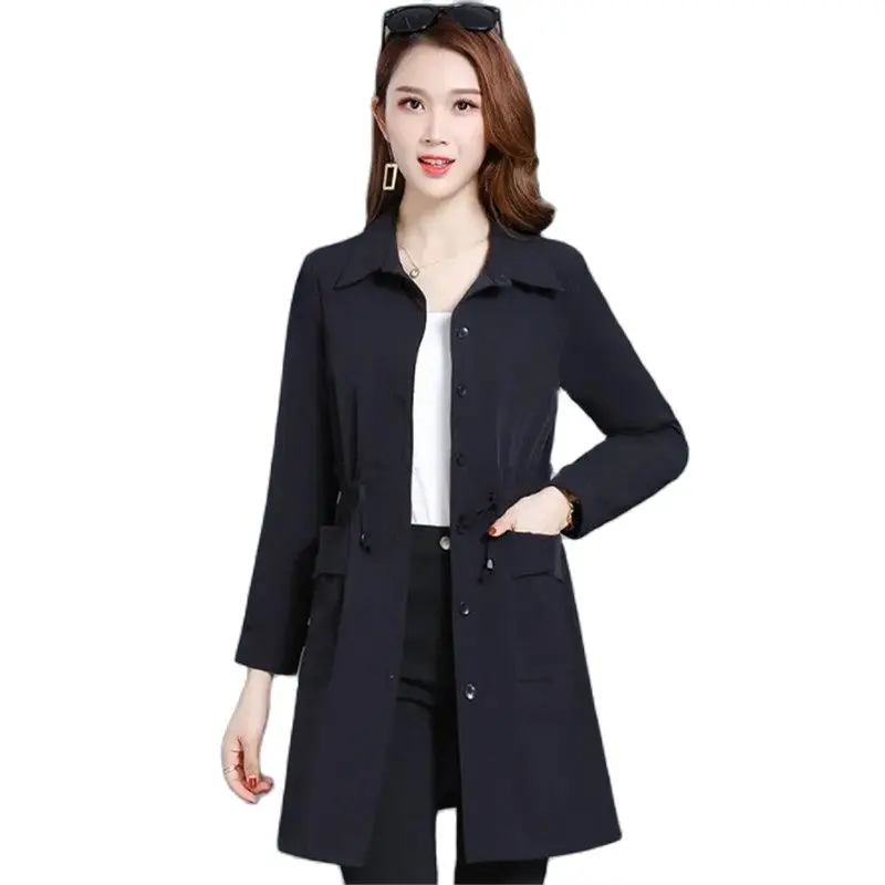 

Spring Summer Mid-Long Windbreakers Women 2023 New Loose Lapels Trench Coat Pure Colour Fashion Single-Breasted Outerwear Female