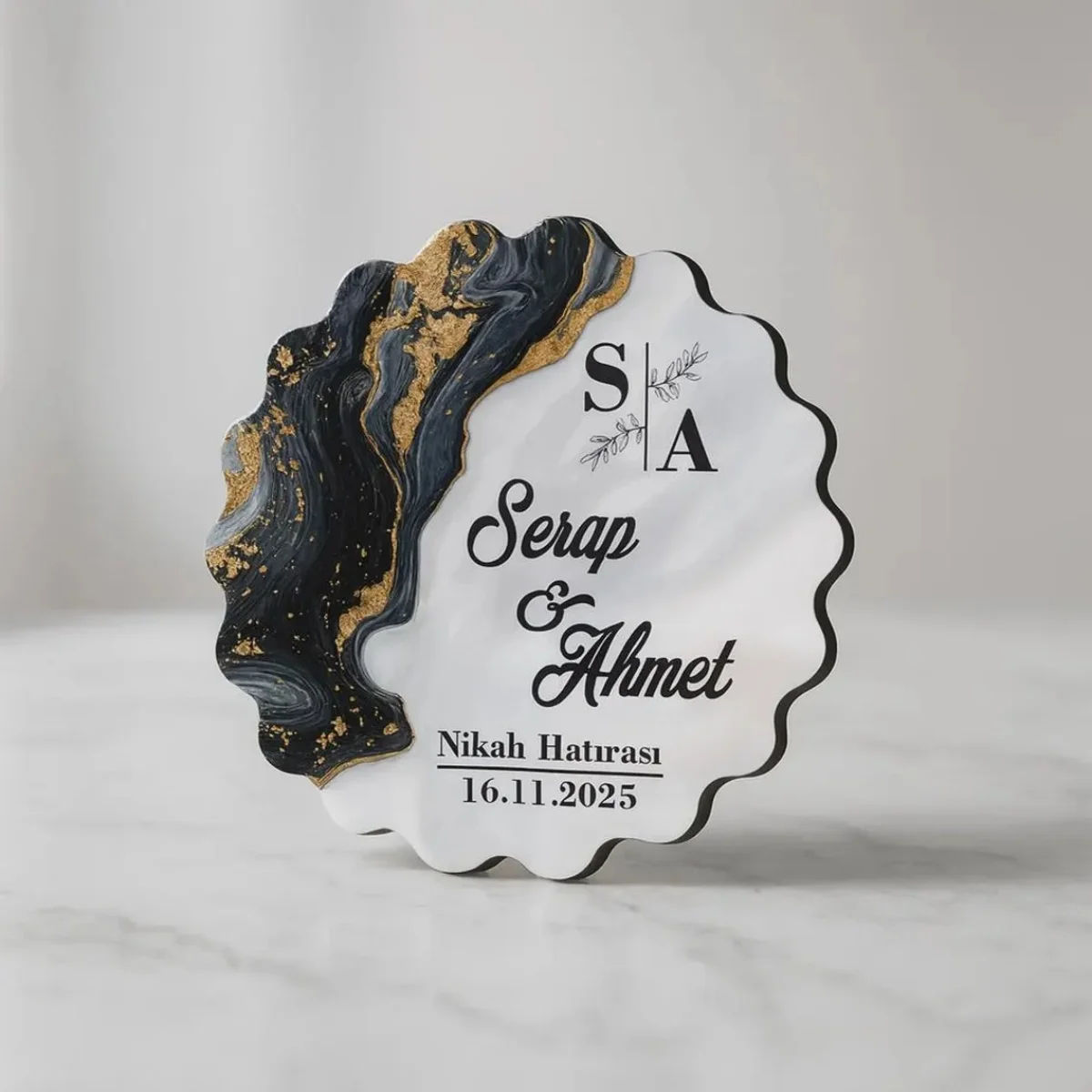Personalized Marble Epoxy Magnet, Black Gold Wedding Favor, Custom Save The Date Souvenir