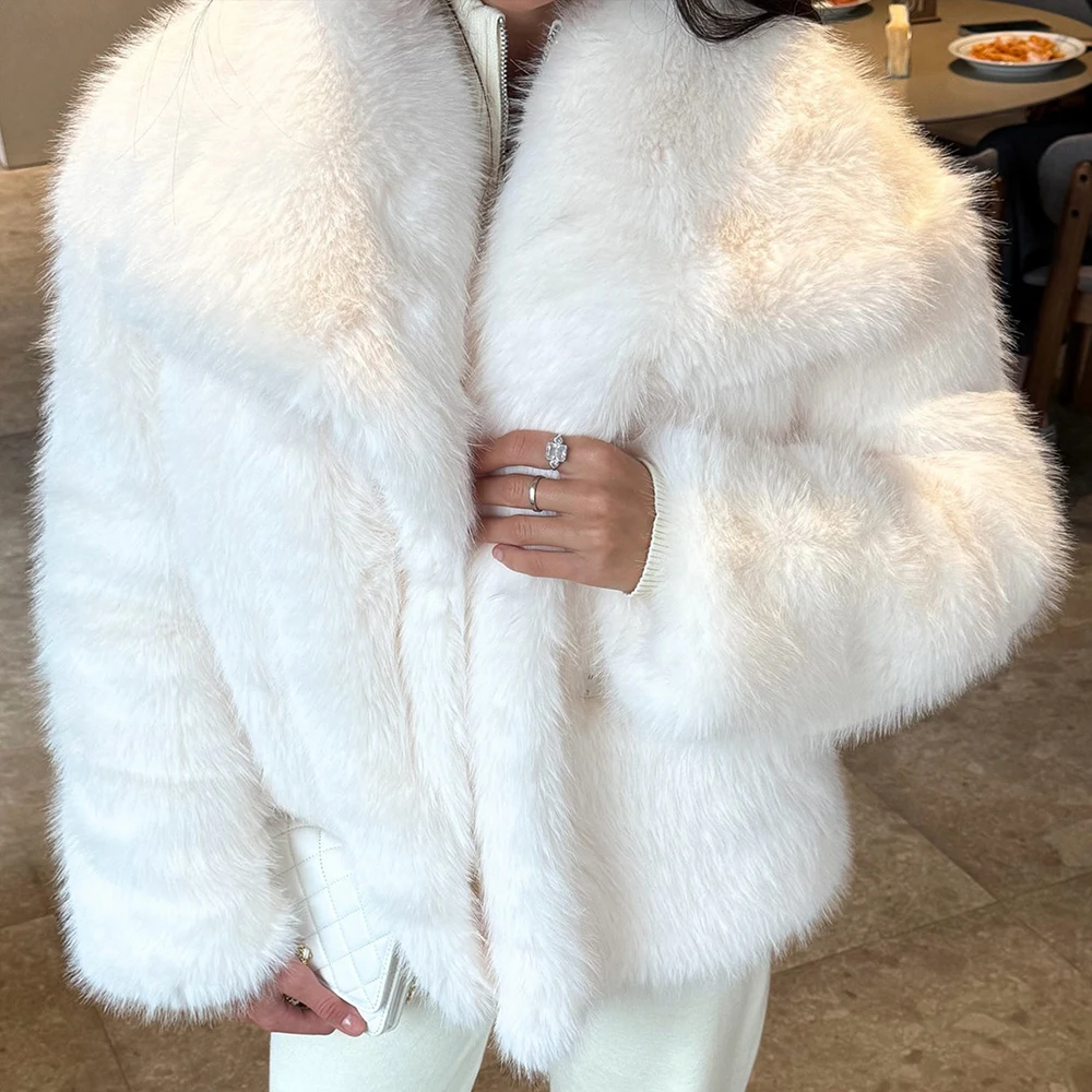 

White Solid Faux Fur Lapel Womens Coat Luxury Fluffy Fur Jacket Coat Winter Thicken Outerwear High Street Fluffy Warm Fur Jacket