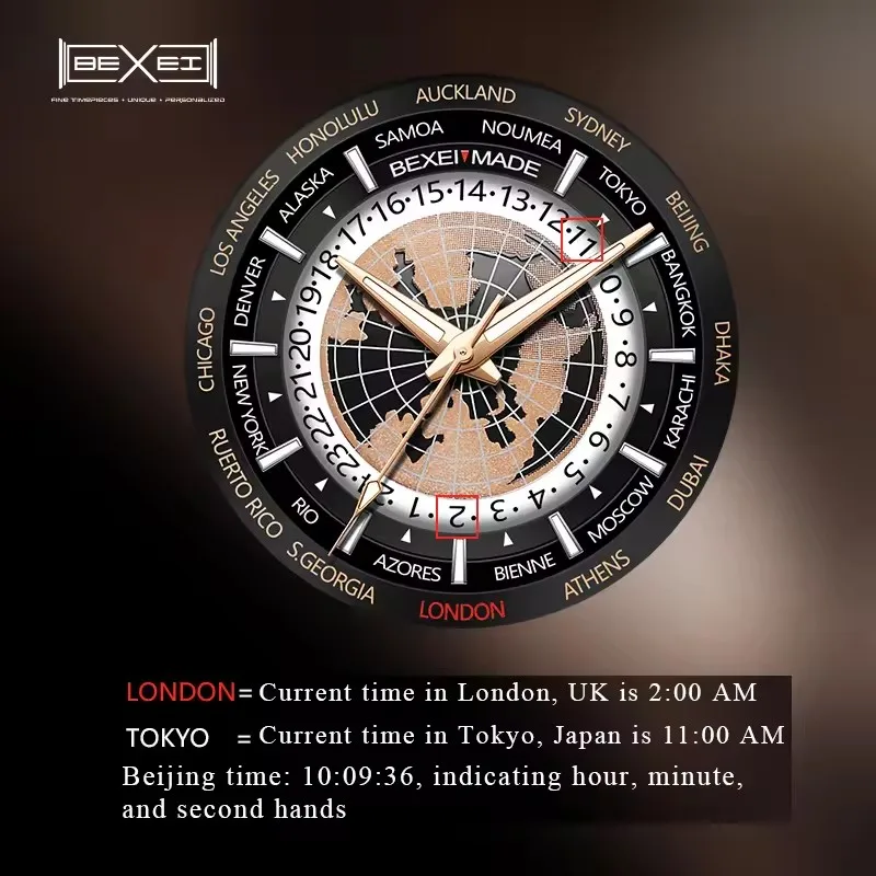 New BEXEI 9185 World Time Watches 42H Power Reserve Mechanical Automatic Movement Man Watch Sapphire Tourbillon  Business Style