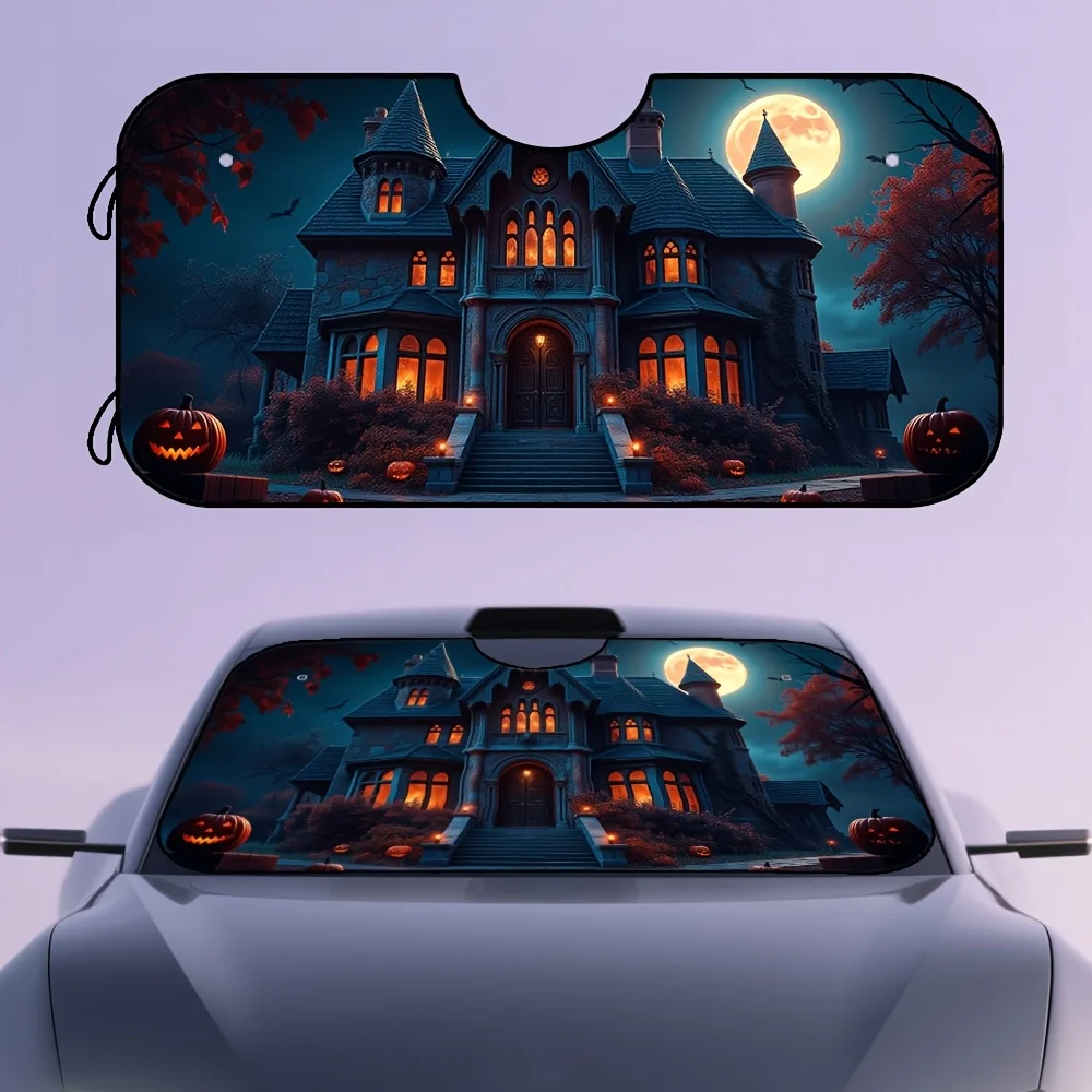 

1pc, Portable Front Window Car Sunshade With Halloween Gothic Halloween Haunted House Pumpkins Theme, Foldable Visor Shield For