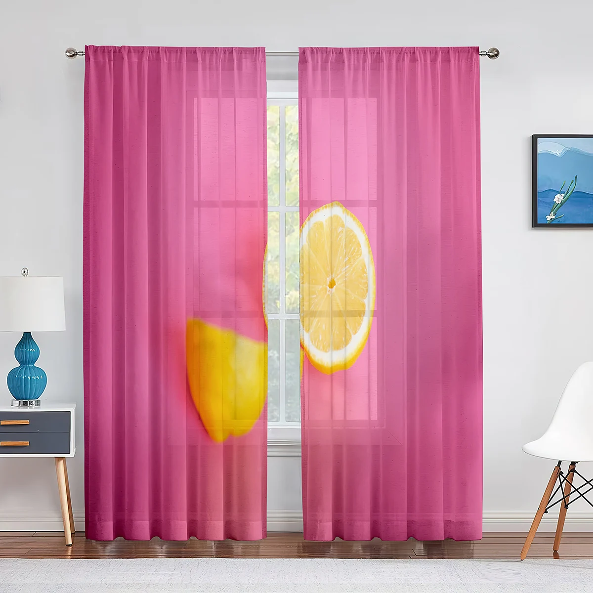 2panels Yellow Lemon Fruits Green Leaves Paint Curtains for Bedroom Living Room Decor Curtain for Kitchen Home Drapes Rod Pocket