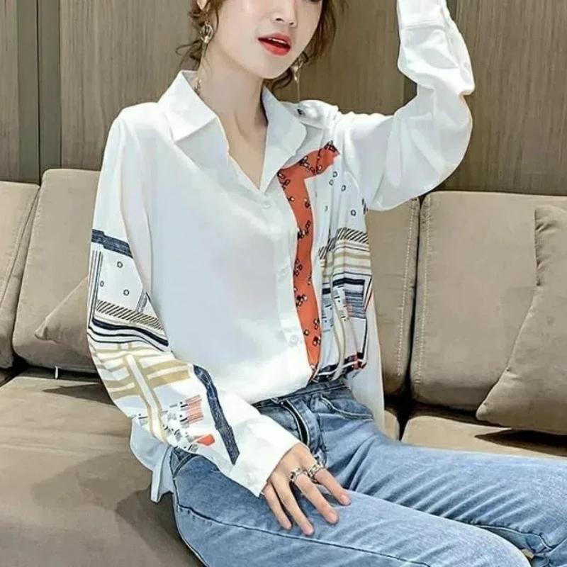 Spring Autumn Women\'s Chiffon Lantern Long Sleeve Turn-down Collar Button Geometric Printing Cardigan Shirt Casual Elegant Tops