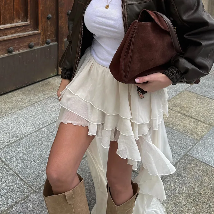 2026 التنانير فضفاضة المشمش غير رسمية للنساء موضة عالية الخصر مطوي التنانير أنيقة رقيقة الطابق طول تنورة الملابس النسائية