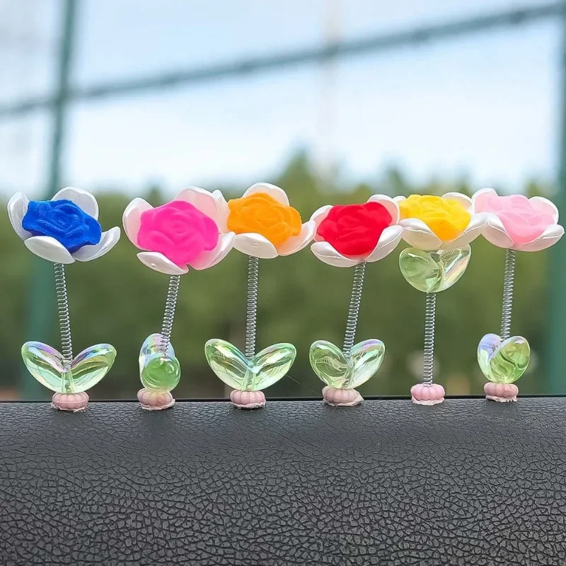 1/3/6pcs Mini Car Center Console Spring Shaking Head Ornaments Four-leaf Clover Rose Decoration Cute Car Shaking Head Ornaments