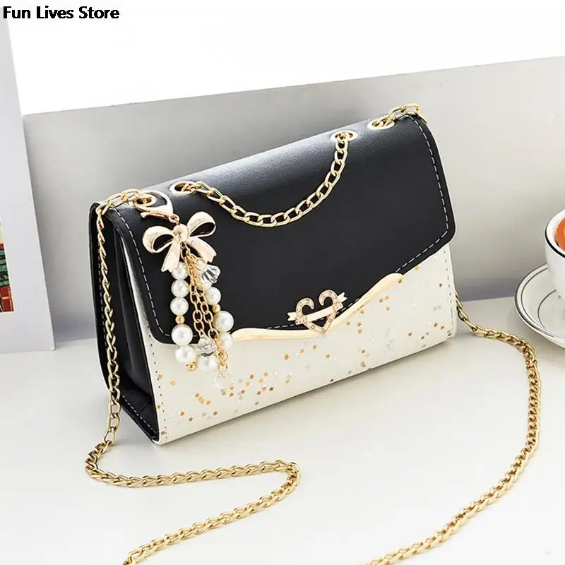 

2023 Elegant Women Shoulder Bag Sequins Leather Handbags Golden Chains Purse Ladies Pearl Decor Bags Wedding Party Tote Clutch