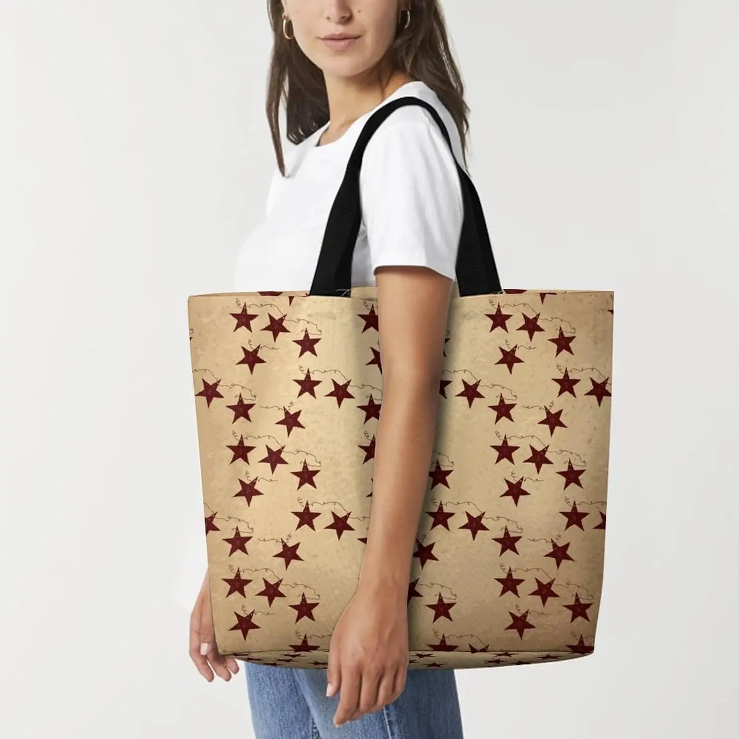 Bolso de mano Vintage con estrellas marrones para mujer, bolsa de compras lavable, bolso de mano de comestibles, bolso de hombro, bolsos de Compras de moda