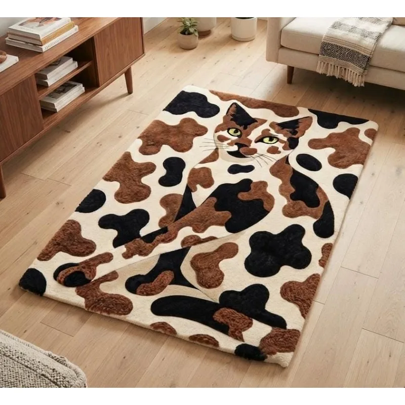 Large Living Room Rug Calico Cat Pattern Carpet Fluffy Soft Bedroom Floor Mat Cow Print Abstract Artistic Home Decor