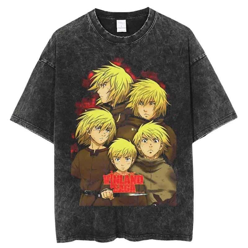 2024 Mens VINLAND SAGA Anime Vintage Washed T Shirt Graphic Print Hip Hop Streetwear Summer Short Sleeve Harajuku Tops