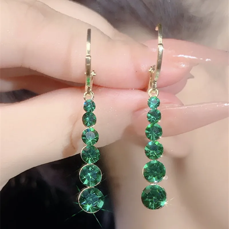 Classic Geometric Green Crystal Drop Earrings for Women Zircon Long Green Earrings Luxury Design Girls Party Jewelry Accessories