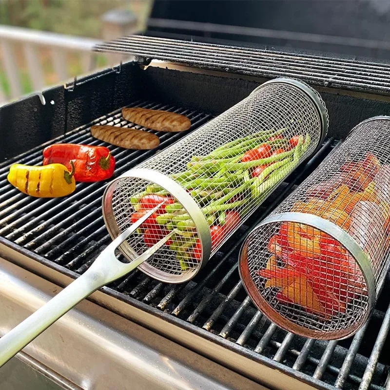 Barbecue Cages Barbecue Grill Grate Camping Picnic Cookware Outdoor Round BBQ Campfire Grill Grid Rolling Grill Basket