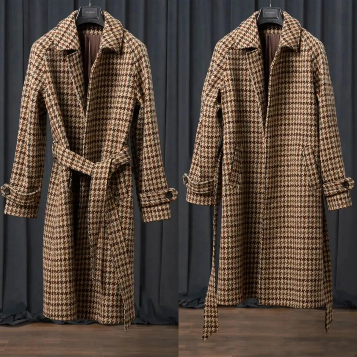 Luxury Houndstooth Men's Coat Belted Trench Coat Party Prom Customized Formal Long Overcoat E26366