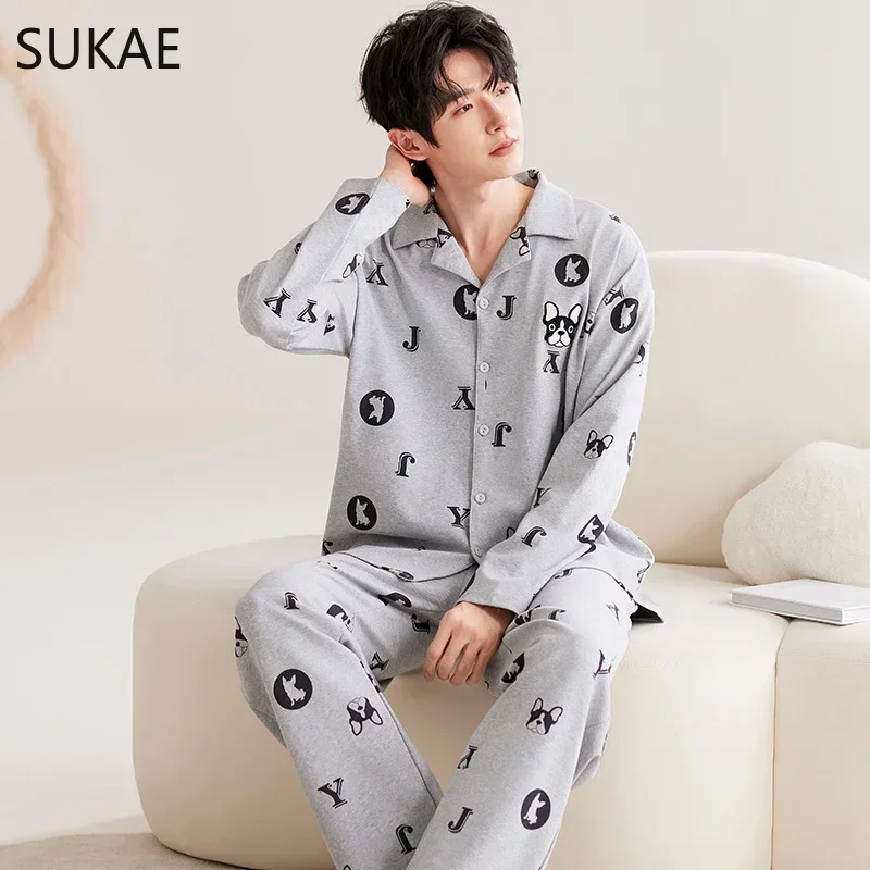 SUKAE Casual Mens Pijama Faux Cotton Soft Nightwear Autumn Spring Homesuit Gentleman Turn-down Collar Sleepwear Boys Pajamas