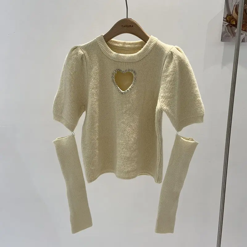 Korean style Knitted Spring Autumn Full Flare Sleeve O-neck Sweater Heart Shape Cut Out Slim Pullover Jumper Women Knitwear