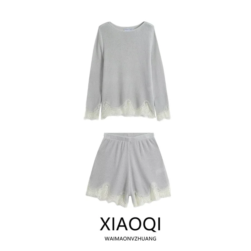 Fall 2026 Women's Versatile Lace Splice Long Sleeve round Neck Top Shorts Set Fashionable Versatile Clothing Ensemble