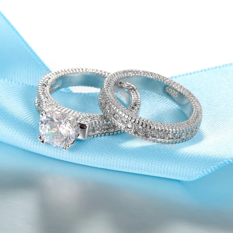 Couple's 925 Sterling Silver Engagement Rings Set