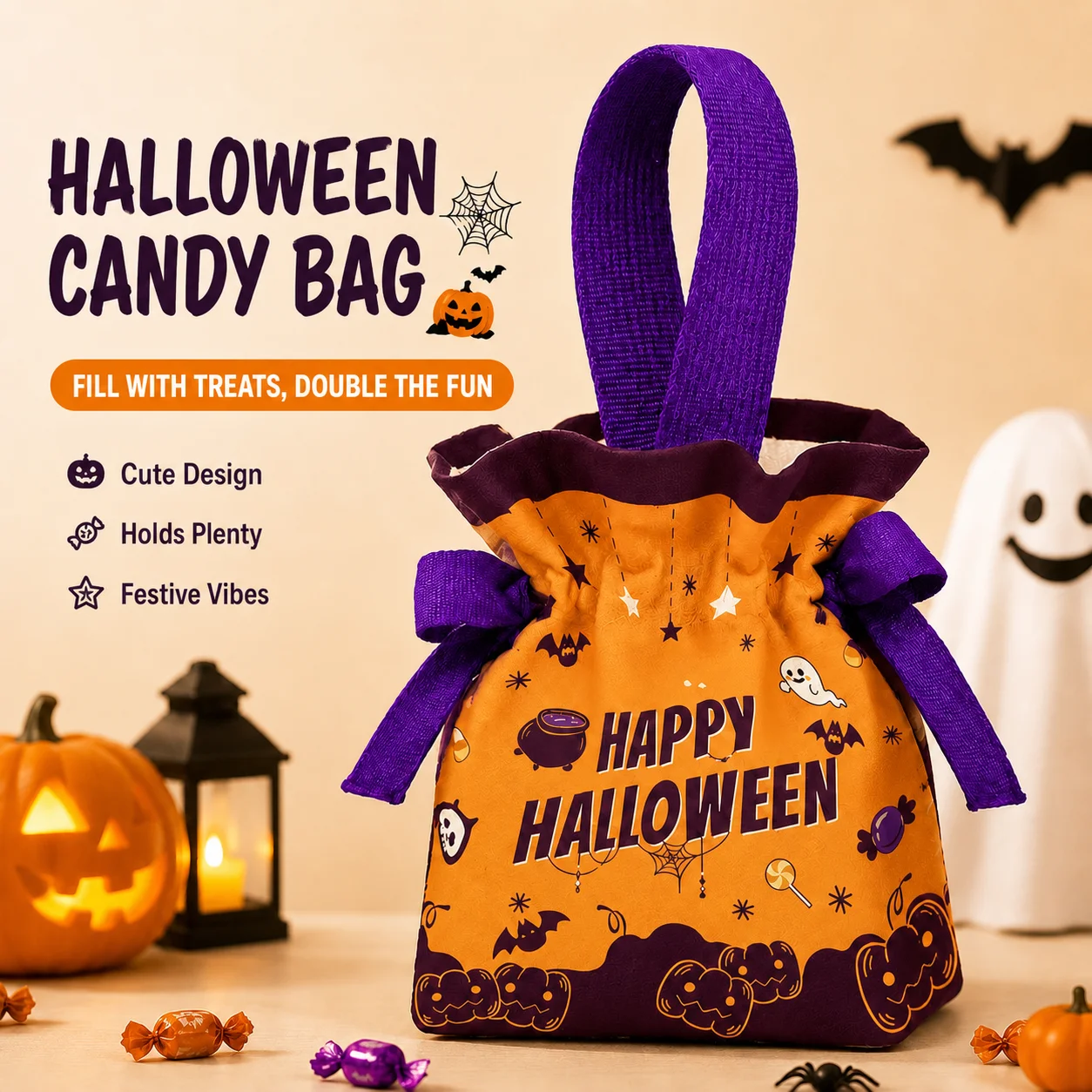 Canvas Drawstring Bag Fade-Resistant Trick Or Treat Bag Halloween Tote Bag Sublimation Printed For Candy Holding Halloween Party