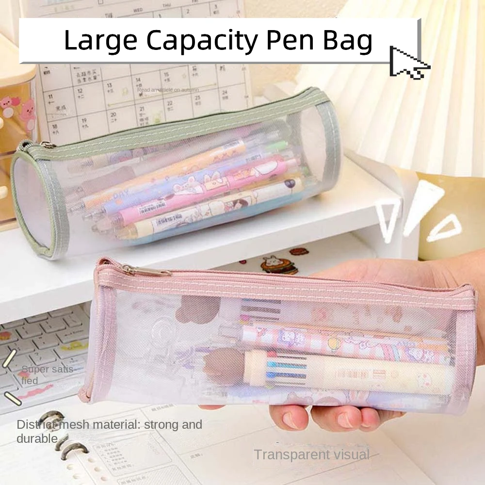 Large Capacity Mesh Storage Bag Cylindrical Shape Korean Ins Style Mesh Zipper Case Cosmetic Bag Clear Mesh Makeup Pouch Office